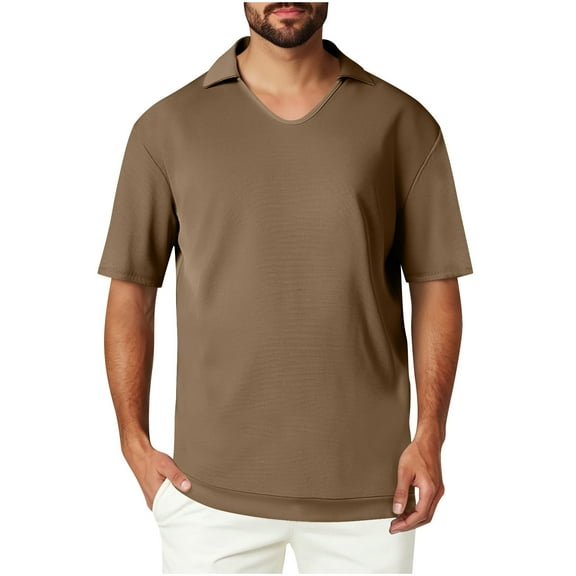 Qgtaibl V Neck Tshirt for Men Collared Short Sleeve Shirt Summer Solid Color Tee Casual Comfy Everyday Pullover Tops Brown,S