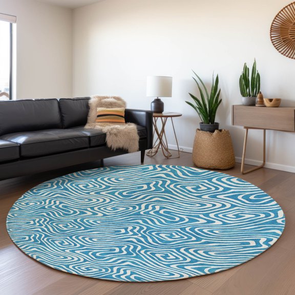 Addison Rugs Mayfield Premium Machine Washable Transitional Swirls Teal Round Rug, 8' x 8'