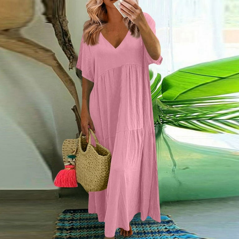 Tianiyouqing Womens Linen Midi Maxi Dress Short Sleeve V Neck
