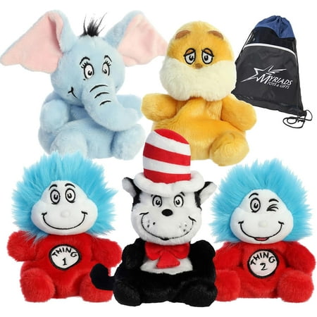 Aurora Palm Pals Dr. Seuss 5" Plush Set of 5: The Cat in The Hat, Thing 1+2, Horton, and The Lorax with Exclusive Drawstring Bag