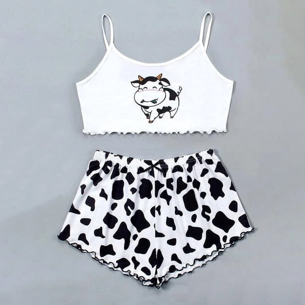 MKLEKYY conjunto de Pijama Corto para Mujer, Camisola, Lencería, Top y Pantalones Cortos con Estampado de Lechuga