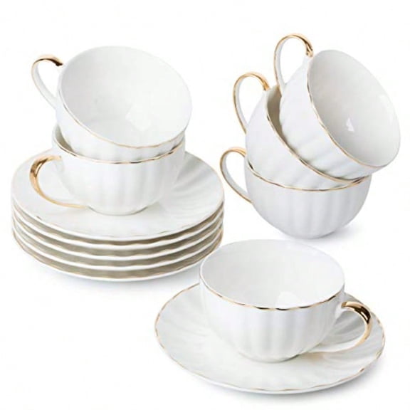 White Tea Cups and Saucers Set of 6 7 oz Porcelain White Tea Cup Set with Golden Trim Design Dishwasher Safe Christmas Gifts