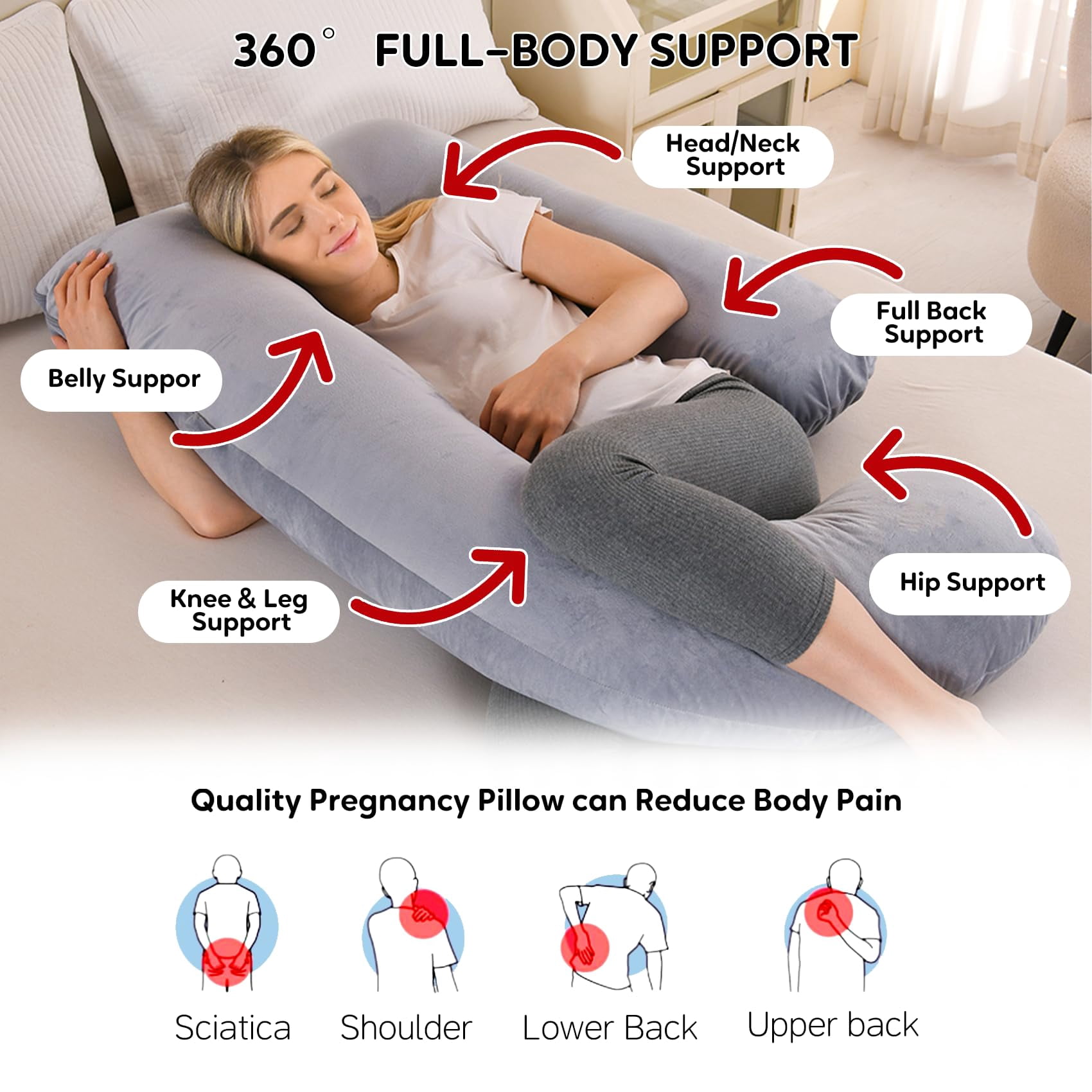 U-shaped Pillow For Sleeping  Full Body Support & Belly - 57 Inch Maternity With Machine Washable Cover |