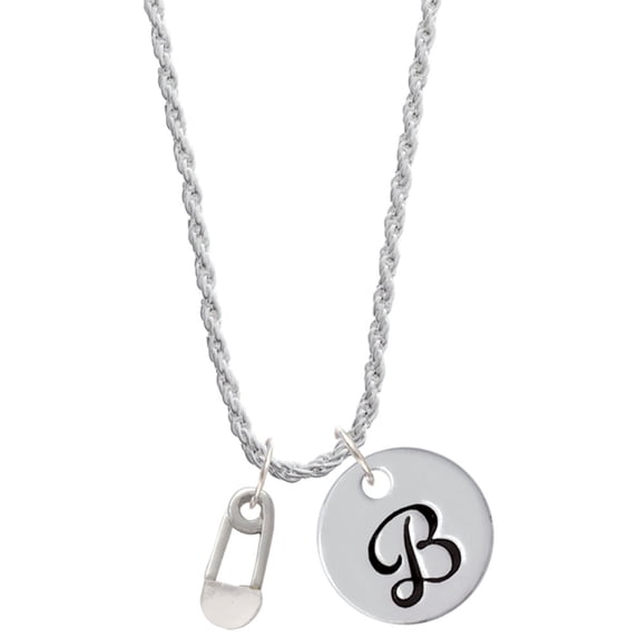 Delight Jewelry Silvertone Clear Frosted Baby Safety Pin Silvertone Script Initial Disc - B - Charm Necklace, 20"+3"