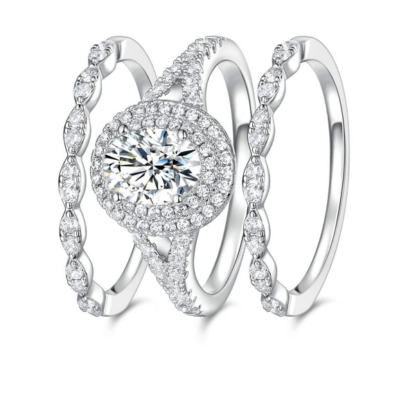 GEMSME Wedding Engagement Promise Ring for Women 18K White Gold Plated Oval Halo Cubic Zirconia Three-in-One Stackable Eternity Band Set Size 7