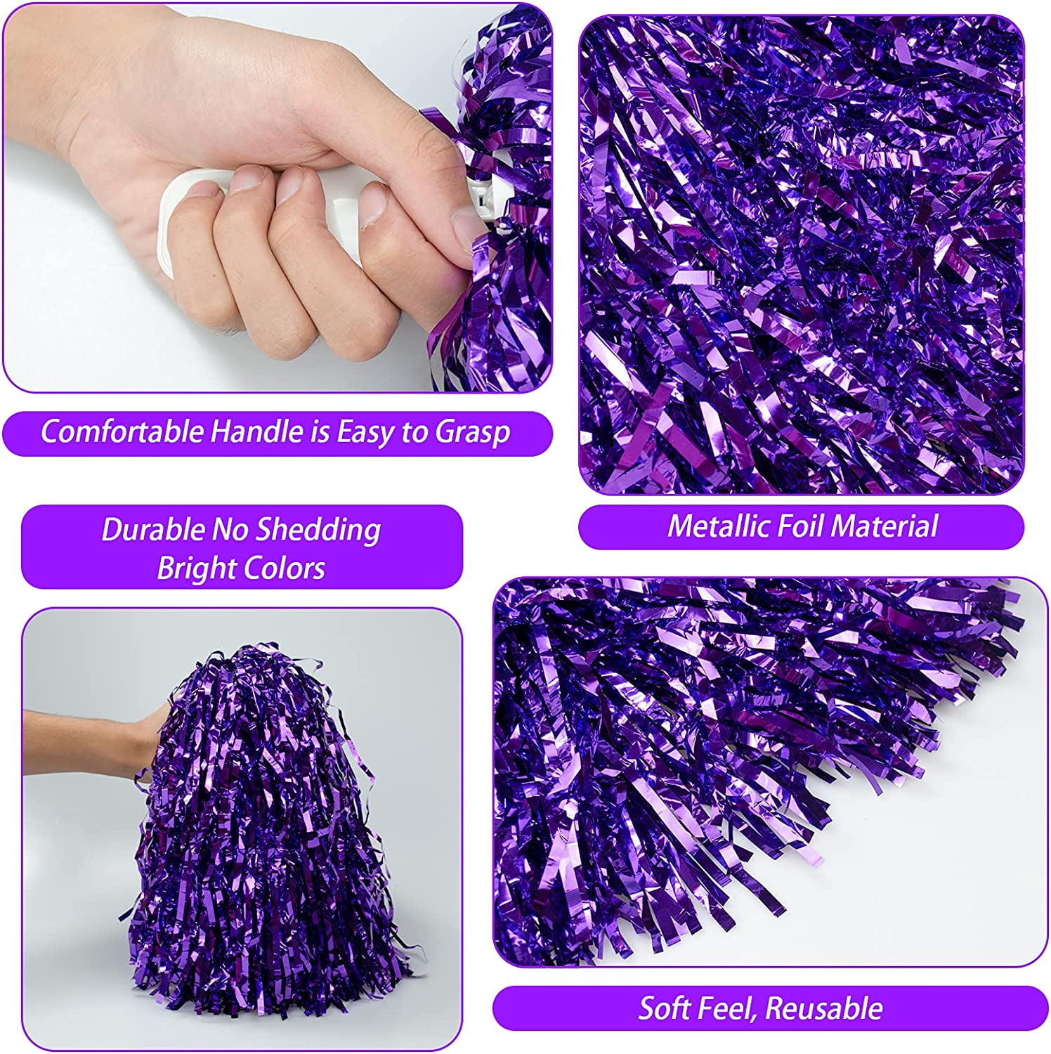 LINLIN 12Pcs Metallic Cheerleading Pom Poms with Cozy Handle, Adorable Cheerleader Pompoms Hand Flowers for Kids Adults Ball Dance Sports Team Spirit Cheering Fancy Dress Night Party