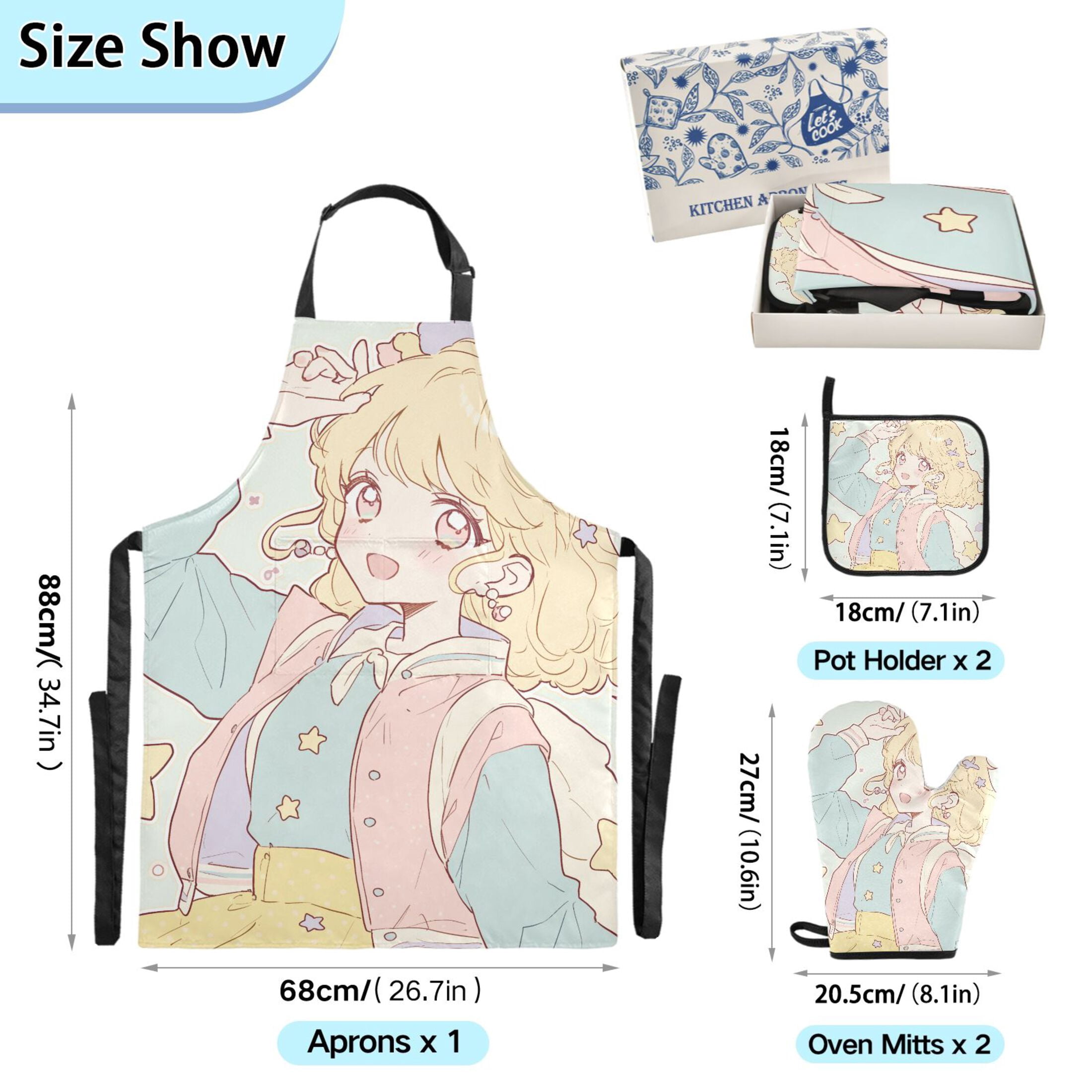 Cute Anime Schoolgirl 5 Pcs Kitchen Set Heat Resistant Oven Mitts and Non-Slip Pot Holders with Adjustable Cooking Apron