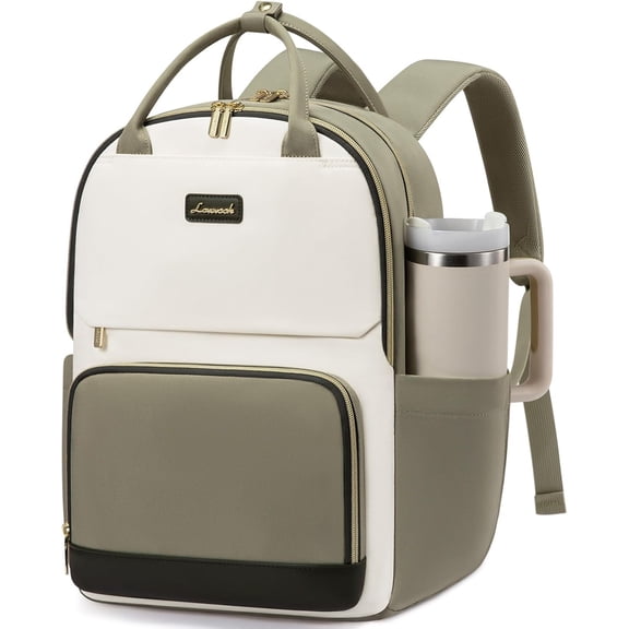 LOVEVOOK Laptop Backpack for Women with Giant Tumbler Holder Pocket, 15.6 inch Travel Work Backpack Purse for Teacher Nurse, Waterproof College Book Bag Cute Casual Daypack, Beige-Black-Brown