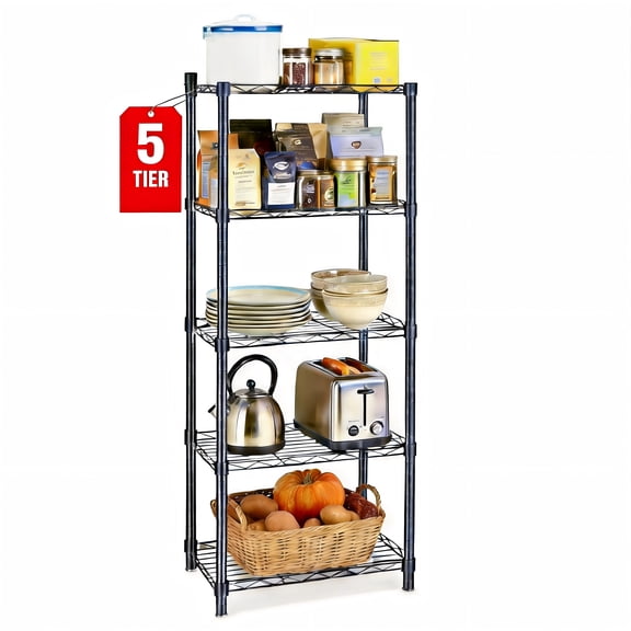 TAIMASI 5-Tier Metal Storage Shelves, Adjustable Black Organizer Rack with Leveling Feet, 11.8"D x 16.6"W x 53.5"H Storage Shelves for Pantry, Kitchen, Laundry, Bathroom Closet