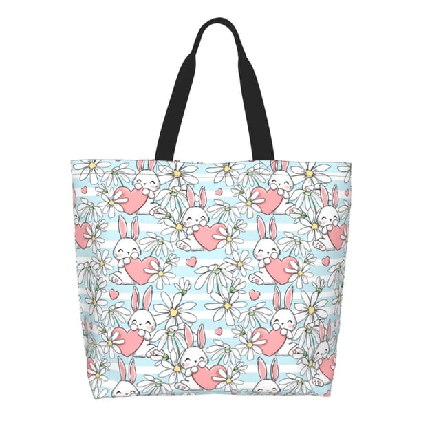 Balery Cute Rabbit And Heart Bolsa Tote Estilo Estético con Cremalleras, Bolsa de Hombro, Bolsa de Compras Grande y Plegable