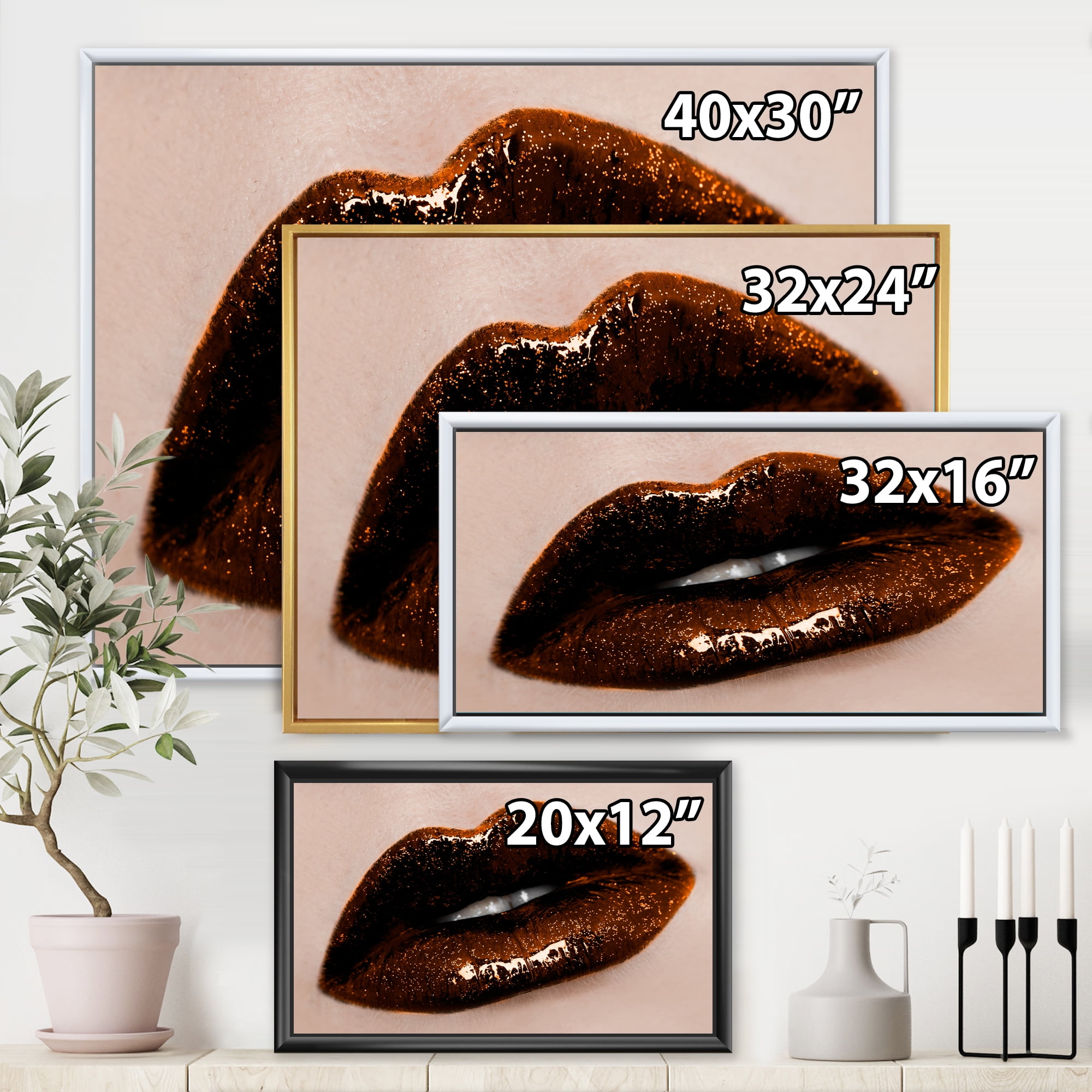 Designart 'Close-Up Of Gorgeous Female Lips II' Modern Framed Canvas Wall Art Print