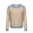thumbnail image 5 of Women's Denim Trim Sweatshirt, Crewneck Pullover with Denim Accents, Long Sleeve Casual Loose Fit Top, Streetwear Fashion Crewneck Sweatshirt Beige L, 5 of 6