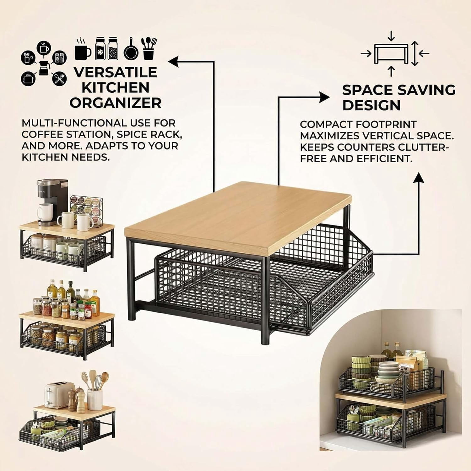 Kitchen Countertop Organizer with Drawer & Wire Basket, Hardwood Shelf, Sliding Drawer, Space-Saving Kitchen Pantry Organizer with Counter Shelf