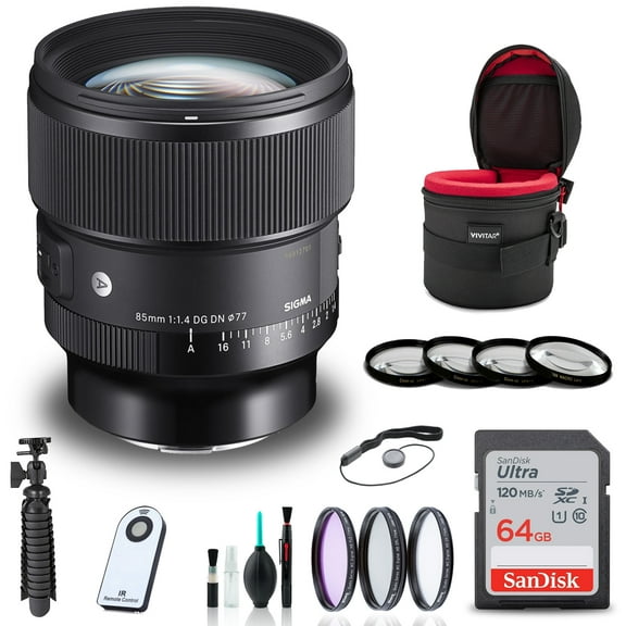 Sigma 85mm F/1.4 DG DN Art Lens for Sony E   64GB SD Card Bundle
