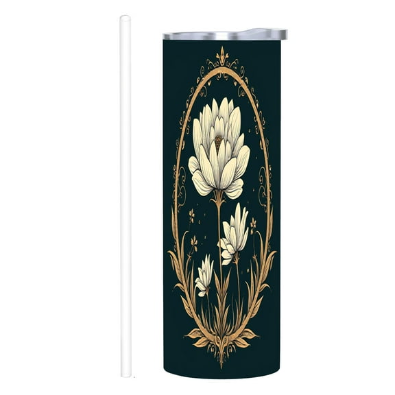 Vintage Floral 20 oz Stainless Steel Insulated Tumbler with Lid & Straw - Elegant Cream & Gold Design for Home Office & Travel