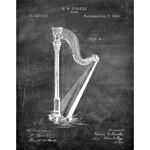 Original Harp Artwork Submitted In 1890 - Music - Patent Art Print