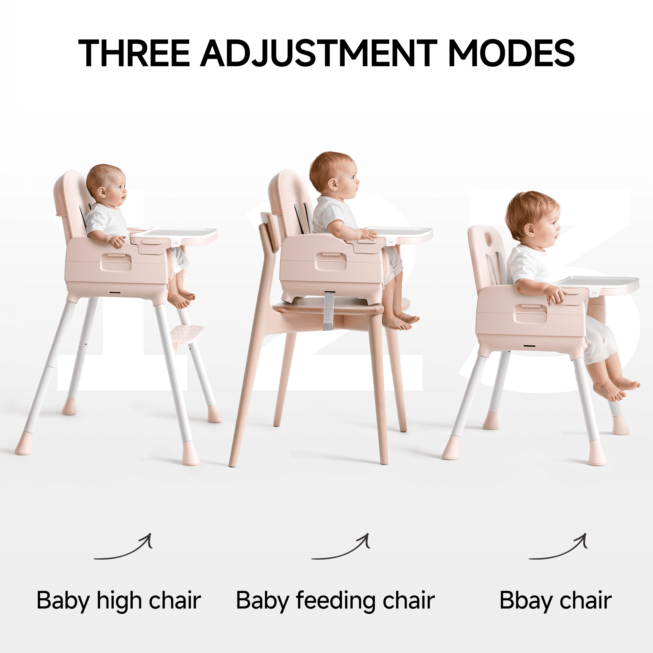 Babyomi 3-in-1 foldable Baby high chair, convertible highchairs for babies and toddlers with Adjustable Legs & Dishwasher Safe Tray, for6 months to 5 years old， Pink