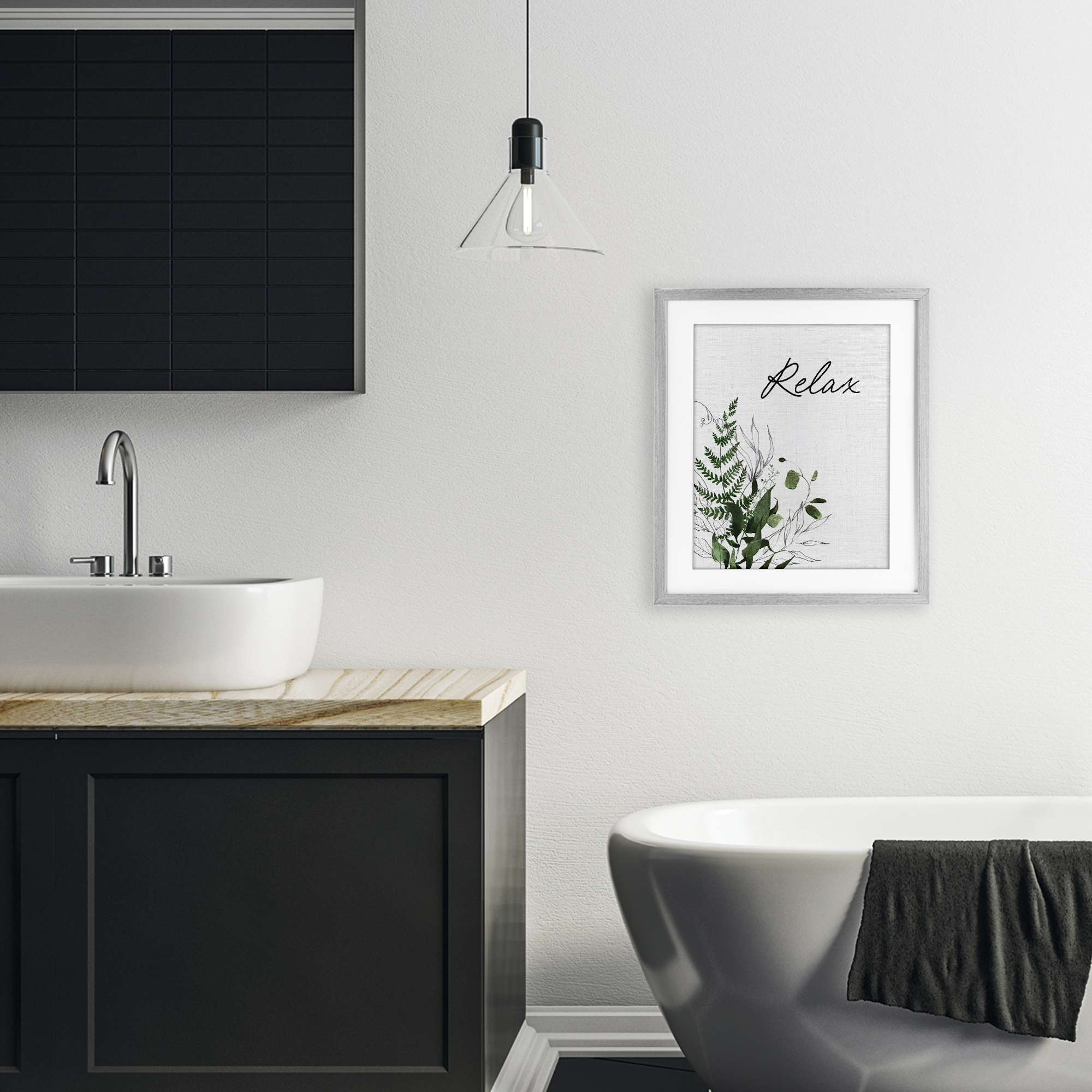 Relax Ferns & Botanicals Gray Framed Print Under Glass, design by Lettered and Lined
