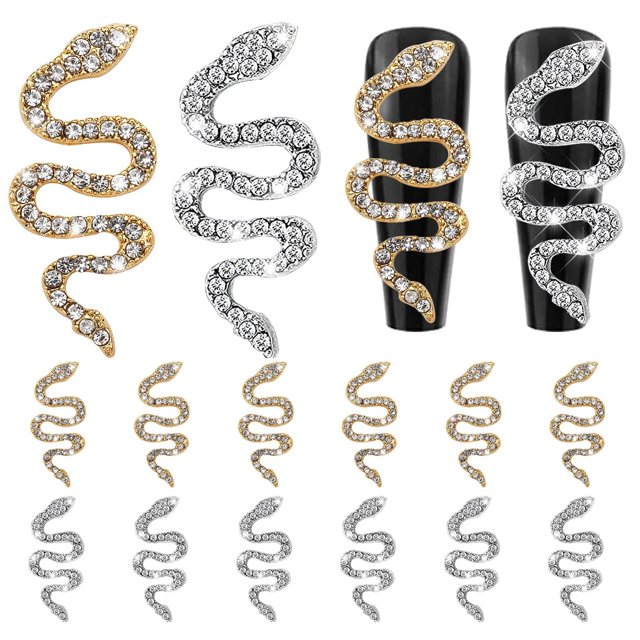 12 Uds. De dijes de uñas de serpiente para uñas acrílicas, 6 diamantes de imitación y dijes de uñas de serpiente dorados y 6 plateados para mujeres, decoración de uñas 3d