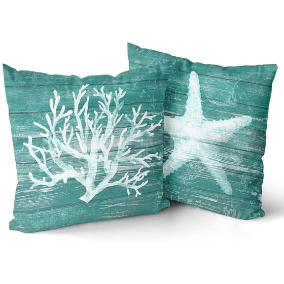 Sea Coral Throw Pillow Covers - Nautical Turquoise Green Wooden Deck Ocean Light Blue Pillows Case 18x18 Inch Decorative Livingroom Bedroom Cushion Cover for Home Couch Bed Farmhouse Decoration