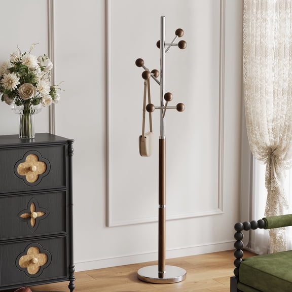 WOOW DEPOT Metal Coat Rack 70" Freestanding Heavy Duty Tree Branch Rack, w/ 9 Rubber Wood Ball Hooks Stable & Steel Marble Base for Modern Office Corner Entryway