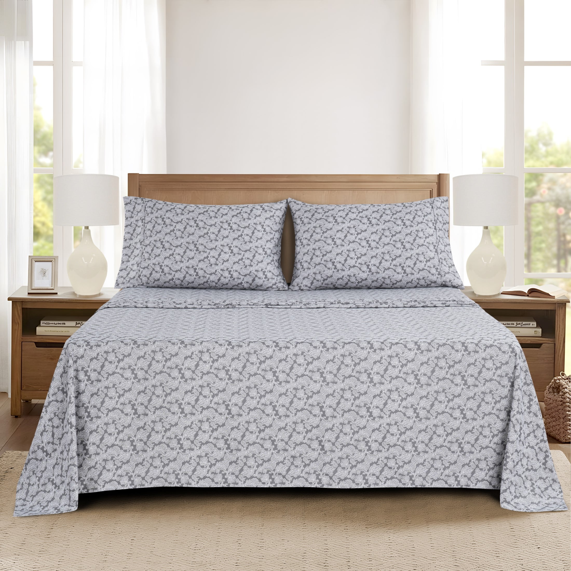 Mainstays Super Soft Brushed Microfiber Pillowcase Set, Grey Paisley Print, Standard/Queen, 2 Pieces