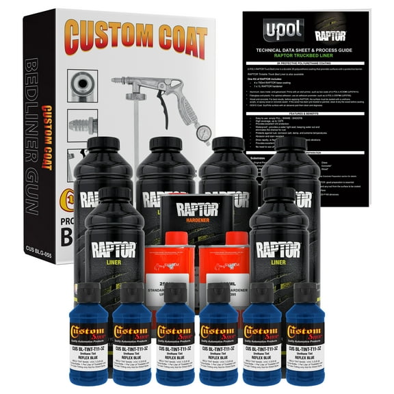U-POL Raptor Reflex Blue Urethane Spray-On Truck Bed Liner Kit w/ FREE Custom Coat Spray Gun with Regulator, 6 Liters