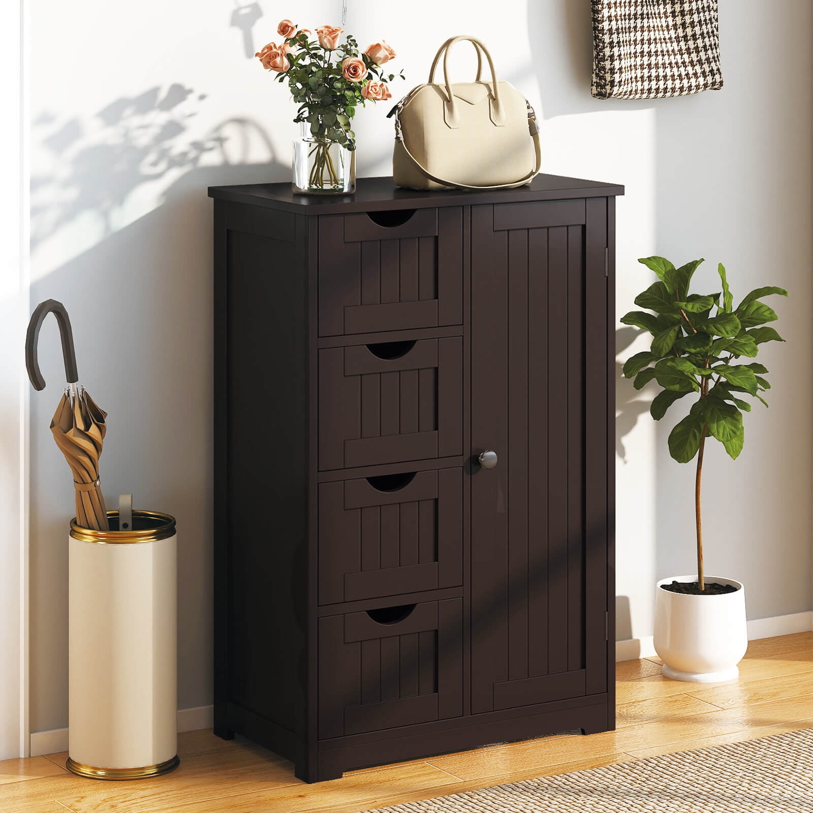 Costway 4-drawer MDF Board Free Standing Storage Cabinet with 2 Shelves in Brown