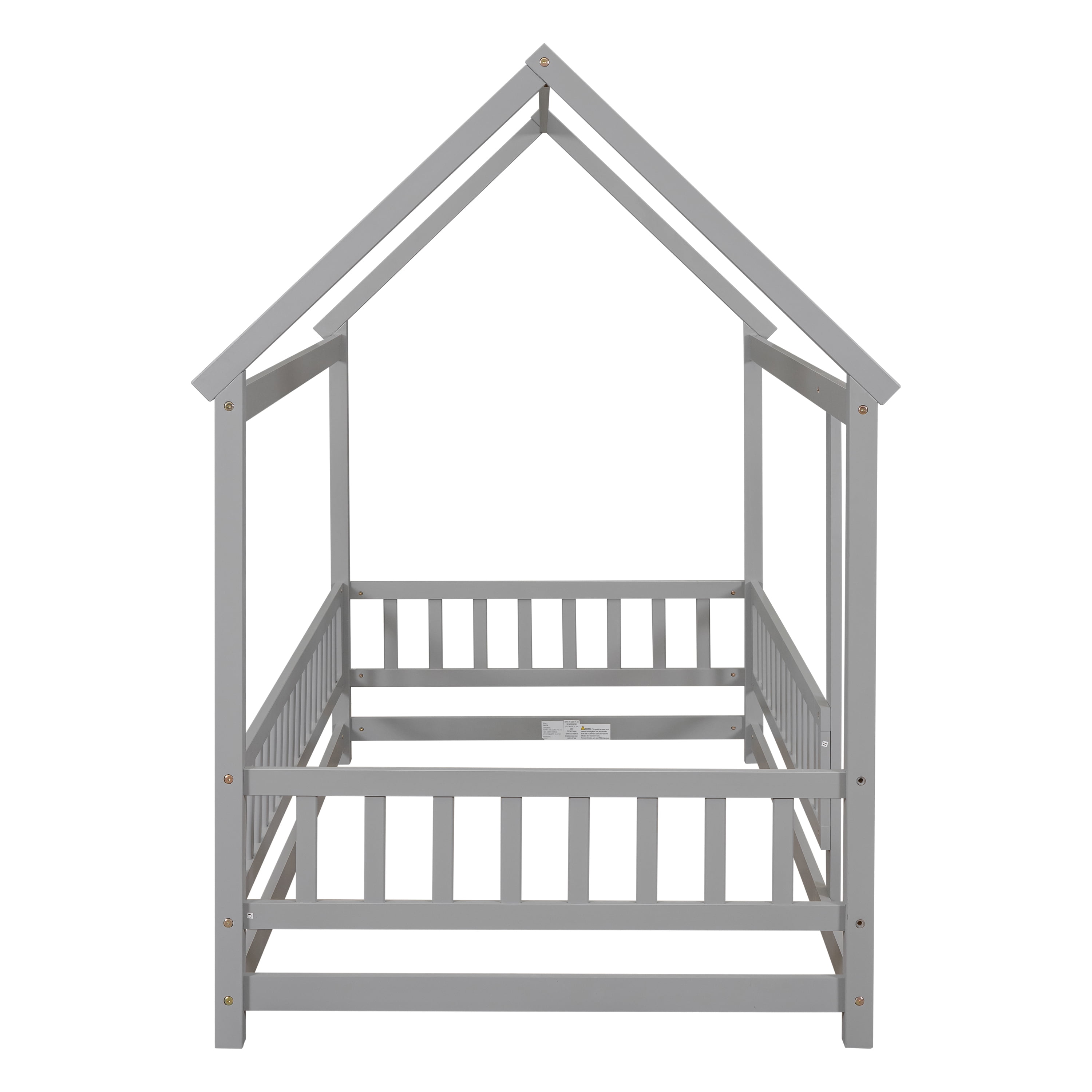 Miniyam Kids Twin Montessori House Floor Bed with Fence, Wood Roof Frame, Gray