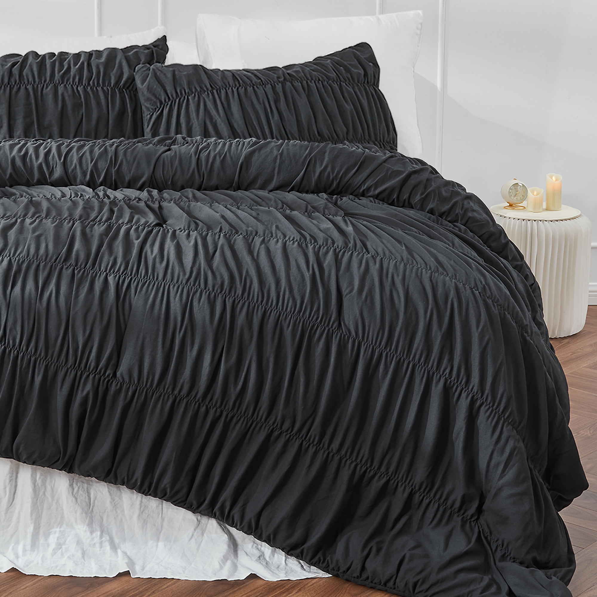 Bonlino Bedding Comforter Set Queen Bed - 3 Pieces Farmhouse Ruched Comforter Queen Size Bed Set Boho Shabby Chic Bedding for Bedroom, Fluffy Ruffle Comforter with 2 Pillow Shams (Black, Queen)