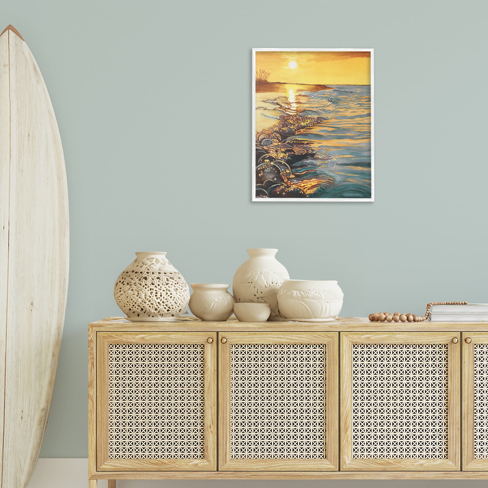 Stupell Industries Saltwater Beach Sunset Landscape Painting White Framed Art Print Wall Art, 24 x 30