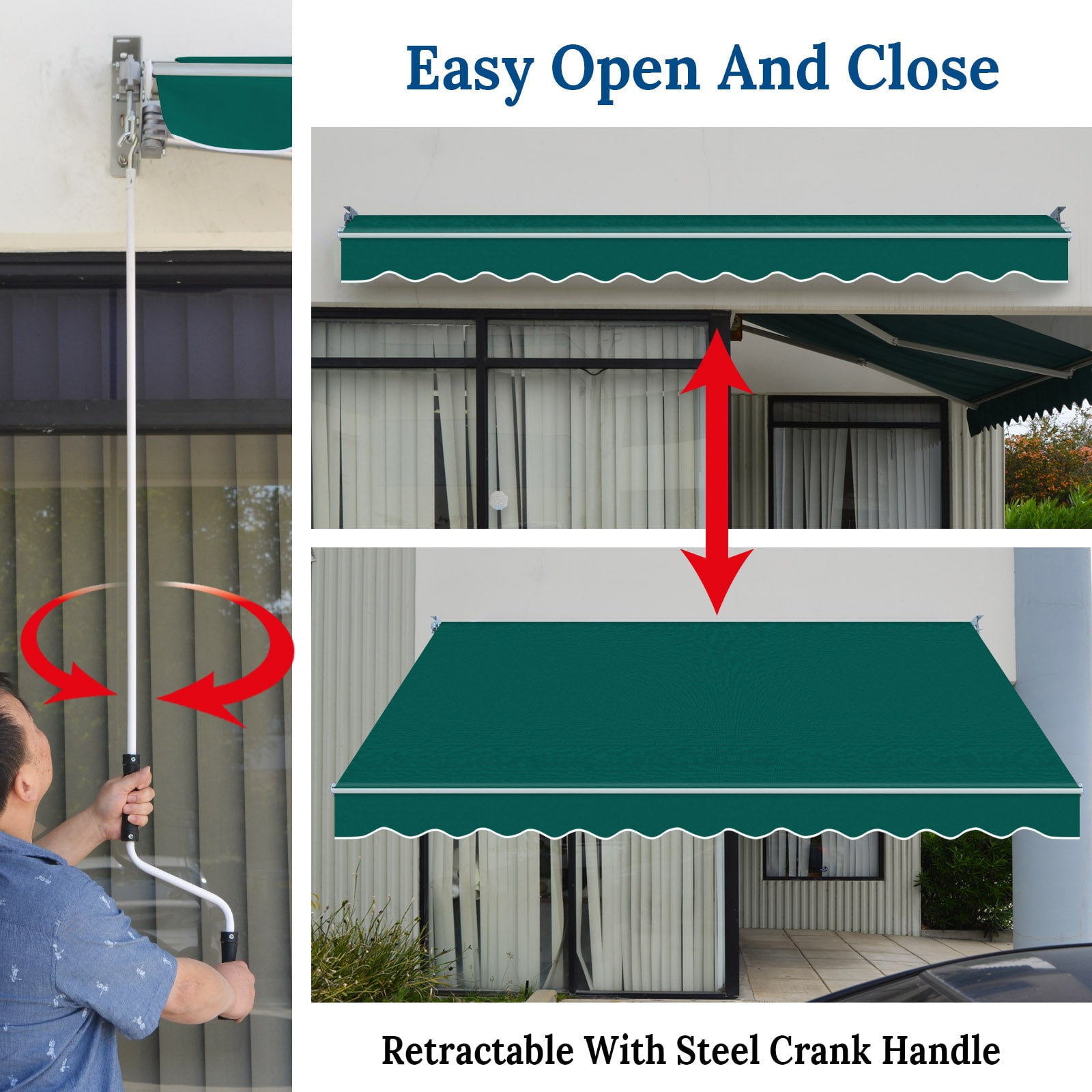 SUNNYOUTDOOR 12x10 FT Patio Awning Retractable Outdoor Sun Shade Manual Patio Deck Awning Heavy Duty Awning (Green)