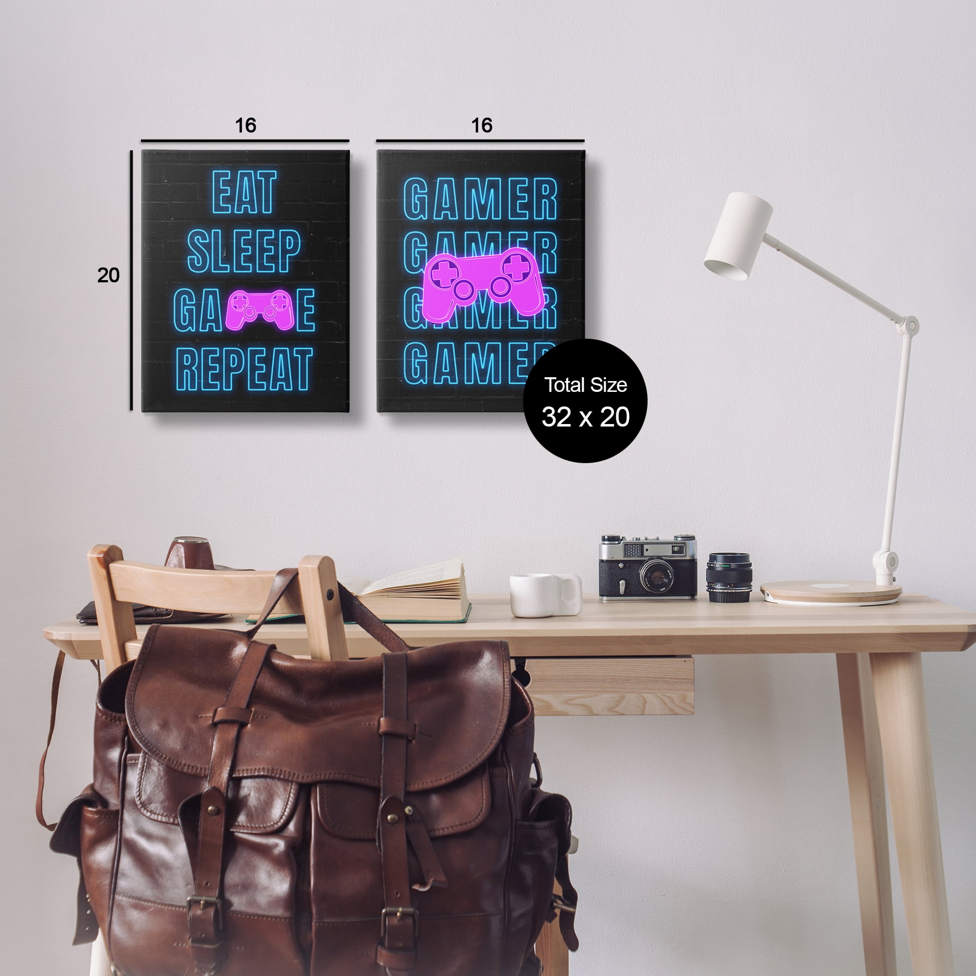 Stupell Industries Neon Gamer Eat Sleep Entertainment Painting Wrapped Canvas Art Print Wall Art, 16 x 20, Set of 2