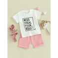 thumbnail image 2 of Bagilaanoe 2pcs Toddler Baby Girl Easter Outfits Shorts Set Short Sleeve Letter Print T Shirt Tops + Shorts 6M 12M 18M 24M 3T Kids Casual Summer Clothes, 2 of 8
