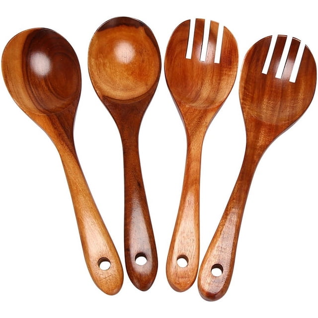 Juego de 4 cubiertos de madera para servir ensaladas, cuchara, tenedor, cuchara para revolver