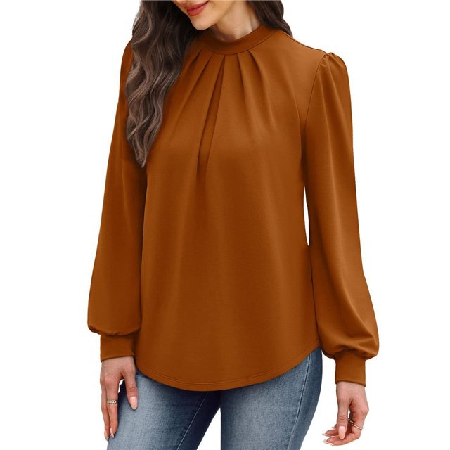 Camisas de Larga para Mujer, Blusas de Cuello Alto con Pliegues Delanteros, Ropa Informal Elegante para Otoño. Color Caramelo L