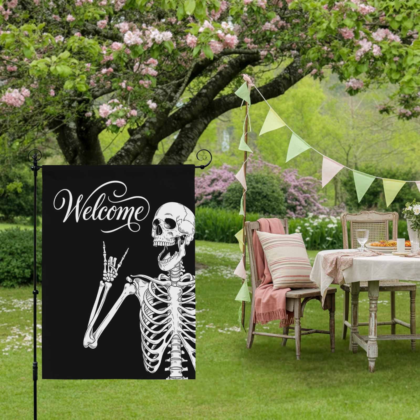 Welcome Skull House Flag 28 x 40 Inches, Funny Skeleton Abstract Black Background Weather Proof Outdoor Patio Flags Double Sided Small House Decoration for Yard Lawn Outside Home