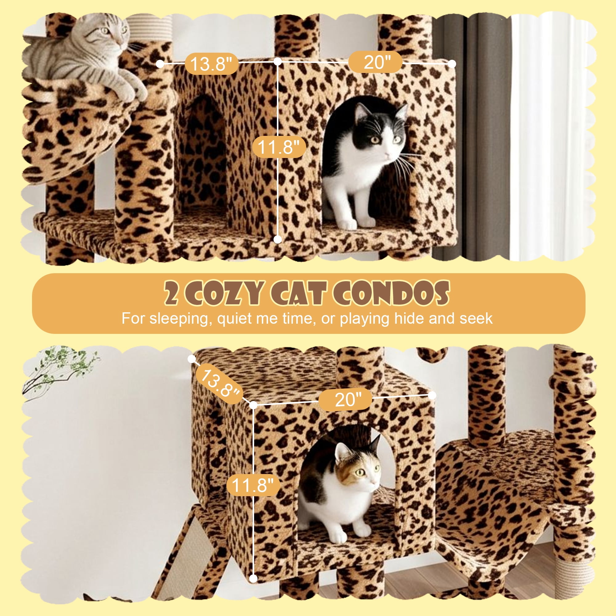 Merrland 82" Multi-Level Large Cat Tree Tower for Indoor Kitties, Cat Furniture with Plush Condo Hammock Top Perch, Sisal Scratching Posts & Ramp, Leopard Print