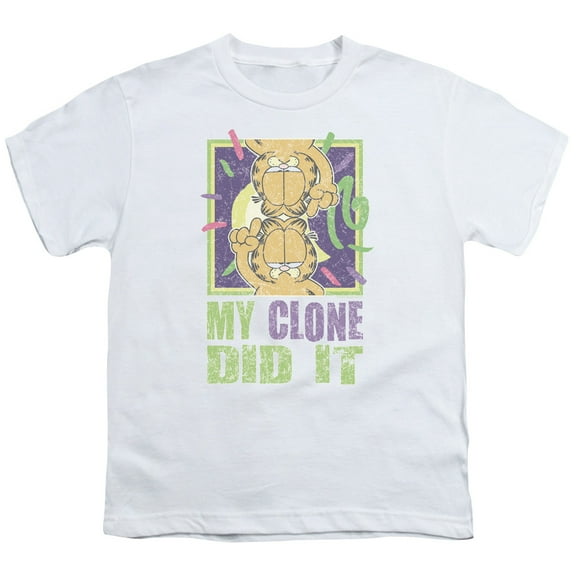 Trevco GAR488-YT-4 Garfield & My Clone Did It-Short Sleeve Youth 18-1 T-Shirt, White - Extra Large