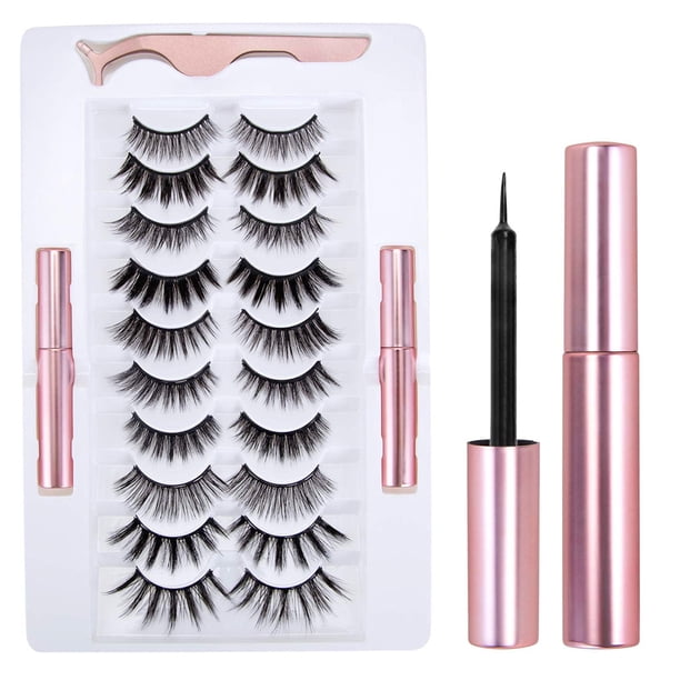 10 pares de pestañas magnéticas con delineador de ojos resistente al agua y kit de pinzas, pestañas reutilizables de aspecto natural, sin pegamento 5ML