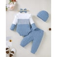thumbnail image 4 of 3 Months Baby Girls Clothes 6 Months Girls 4PCS Fall Winter Outfits Set Newborn Girls Long Sleeve Color-blocked Top Pants Set with Headband Hat Blue, 4 of 6