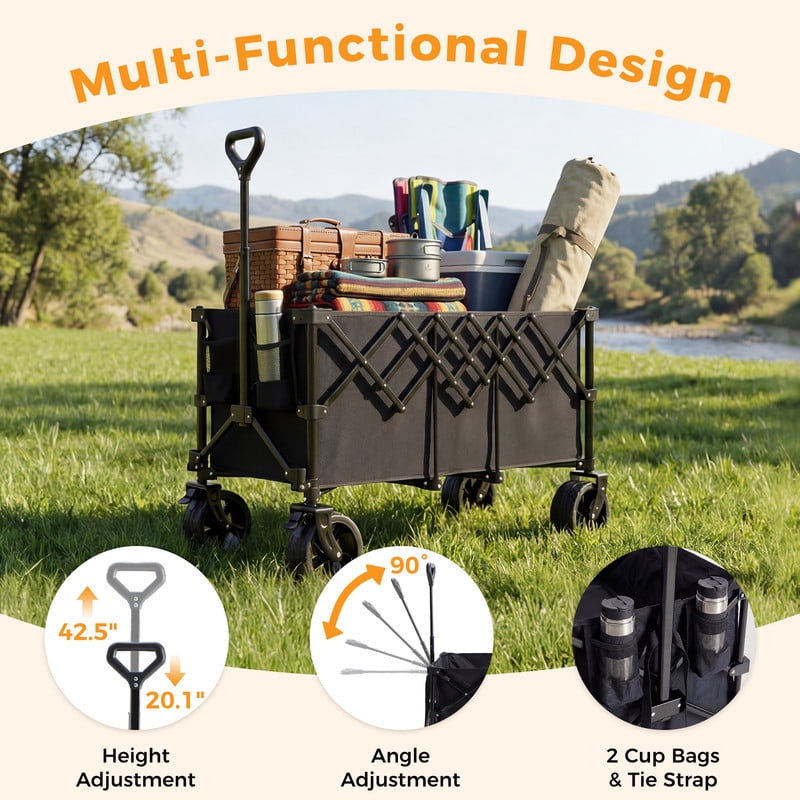 Gianna Foldable Wagon Cart, 440lbs Capacity heavy-duty steel frame，Large-capacity gardening cart，All-terrain tires for camping