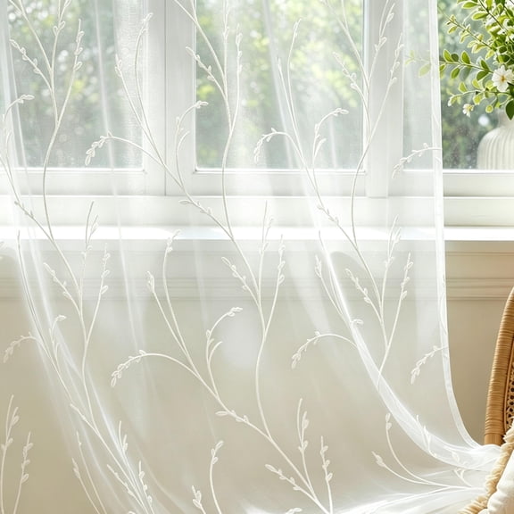 AELS 2 Panels Semi Sheer Curtains, 52"W x 84"L Grommet Voile Curtains, Embroidered Leaf & Stem Lace, Light Filtering Window Drapes for Living Room Bedroom, White