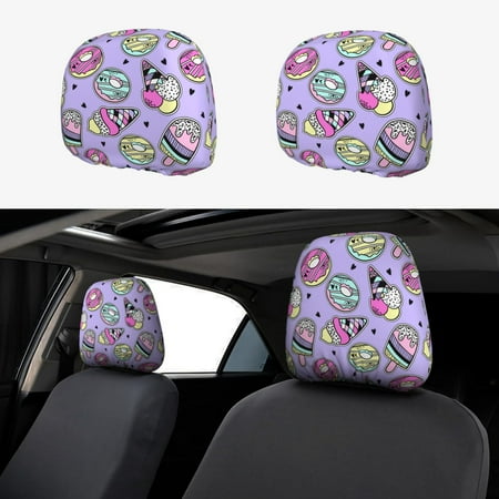 2 PCS Car Headrest Cover Ice Cream Cartoon Print Soft Car Seat Head Rest Cover Protector Interior Car Accessories Seat Covers for Cars Truck Auto Only Covers