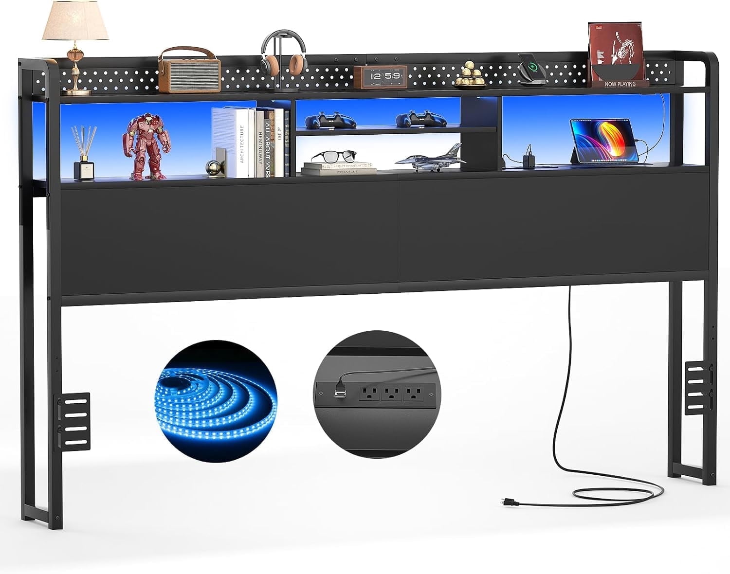 Homieasy Headboard for King Size Bed with Storage Shelf, Head board with 3 Outlets and 2 USB Ports, Headboards with RGB LED Light, Height Adjustable, Sturdy and Stable, Easy Assembly, Black