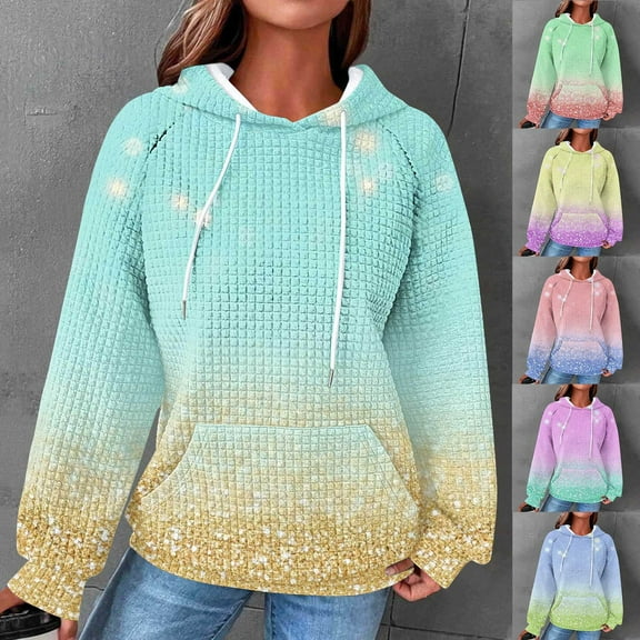 FRSASU Womens Hoodies Casual Long Sleeve Drawstring Color Block Printed Waffle Pullover Tops Loose Hooded Sweatshirt with Pocket Yellow