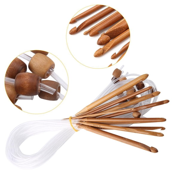 LYUMO 12pcs Crochet Hooks with Cable Carbonized Bamboo Afghan Tunisian Crochet Hooks Set 3mm-10mm Carpet Rug Weave Knitting Needles