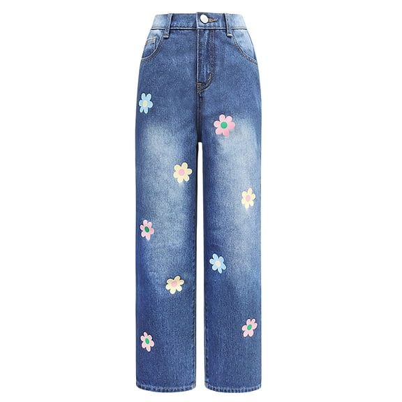 KAUOD Teen Girls Flower Graphic Jeans Washed Vintage Straight Denim Pants Kids Cute High Waist Wide Leg Retro Trousers
