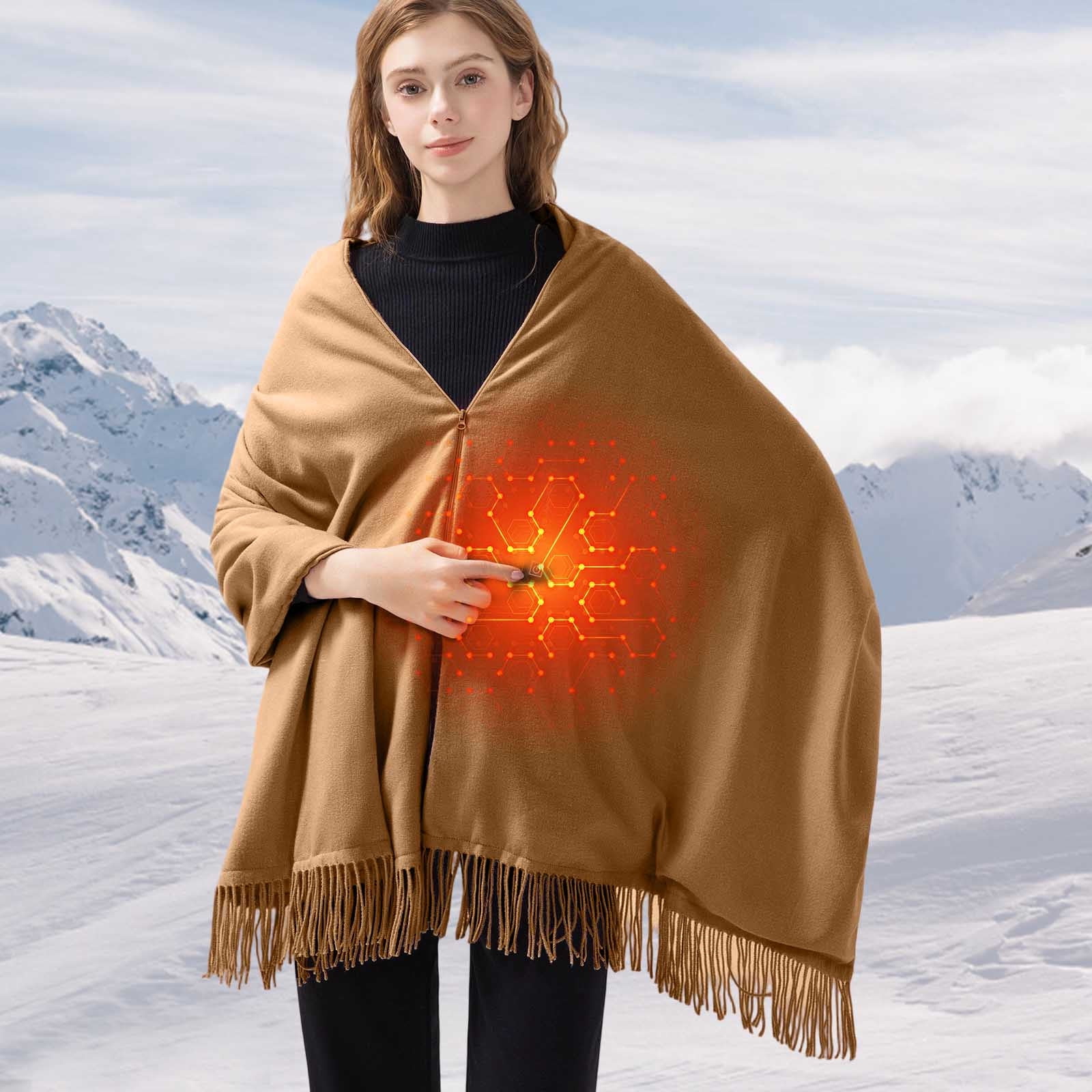Bxaolu Heated Blanket, Cozy Portable Heated Blanket Battery Operated,Cordless USB Heated Shawl, Wearable Heating Blanket for Car, Heated Throw Wrap, 78"L x 26"W, Camel