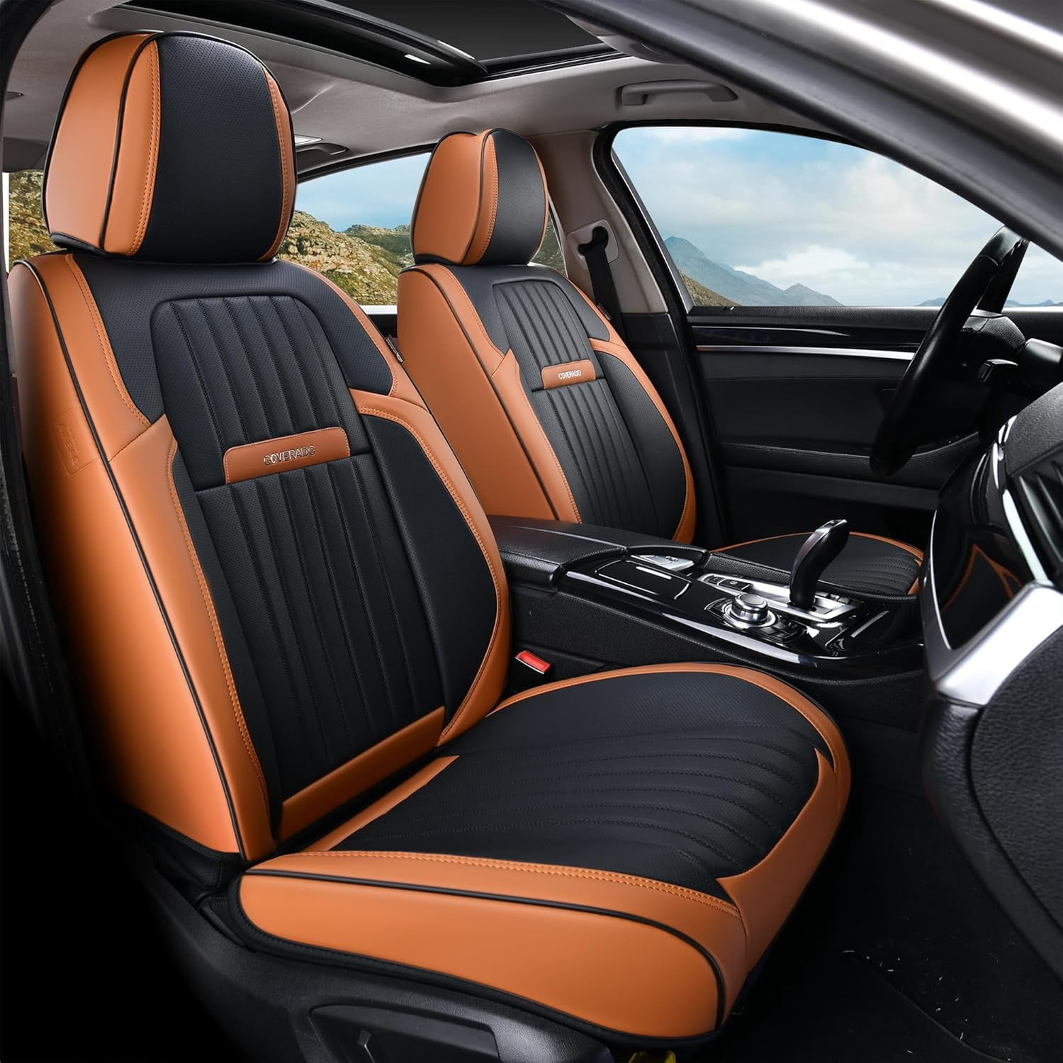 Coverado Car Seat Covers Full Set, Black&Brown Front and Rear Seat Protectors, Waterproof Faux Leather Universal Fit for Most Cars